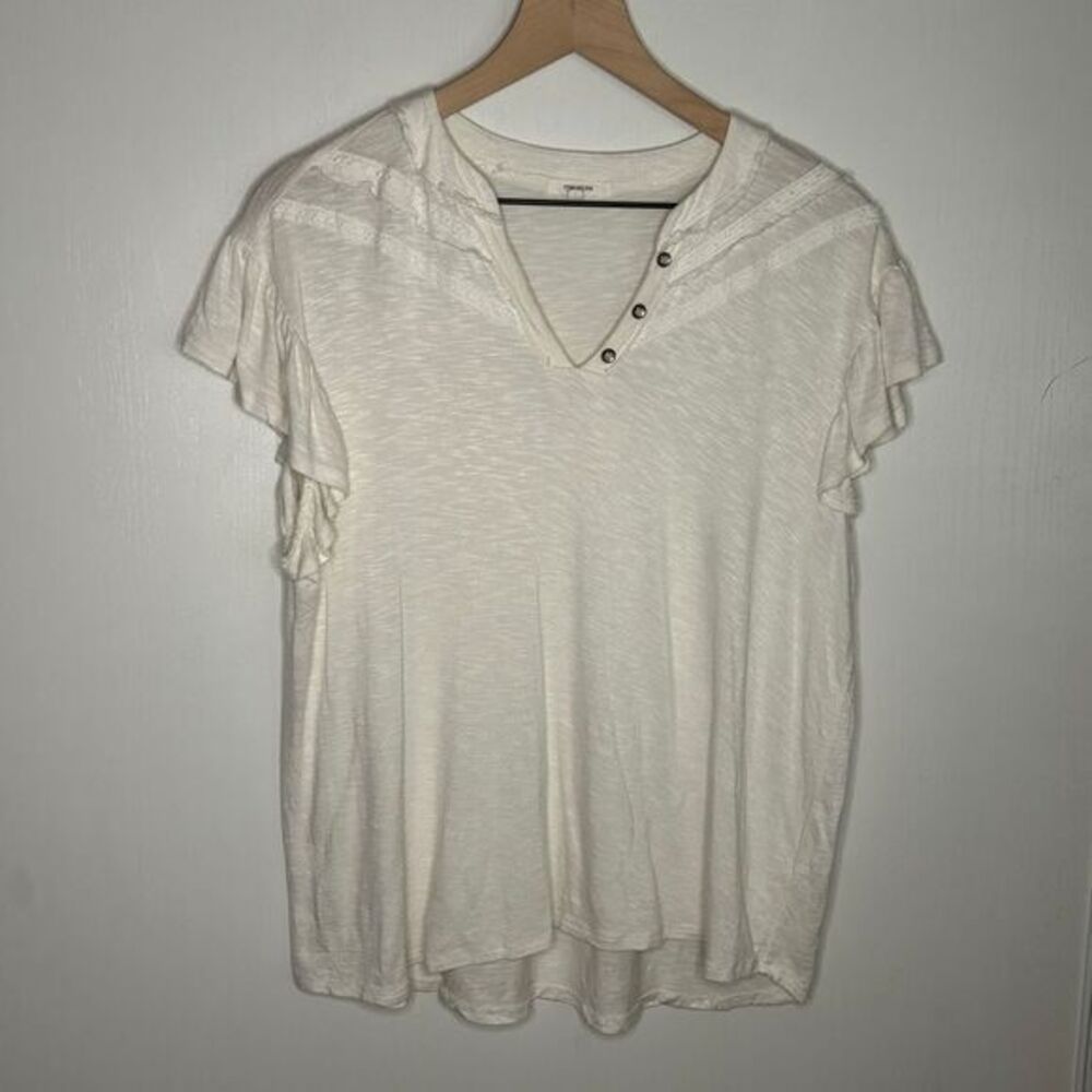 Maurices Boho Chic White Lace Trim Flutter Sleeve V-Neck Top Size L | A53